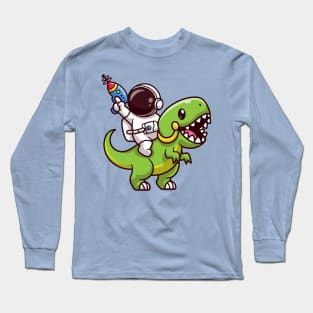 Cute Astronaut Riding Dinosaur With Gun Cartoon Long Sleeve T-Shirt